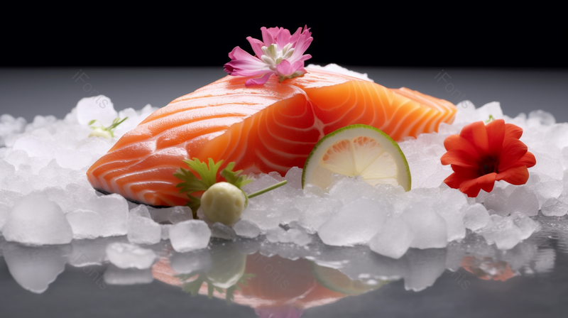 红色摄影图桌上三文鱼刺身和冰块,高清,摄影图,摄影图片,图片大全,摄影图免费下载